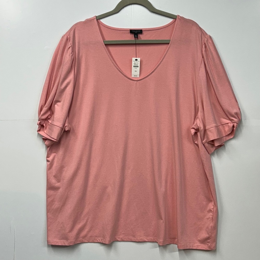 Talbots Plus Size 3X Pink V-Neck Puff Sleeve Twist Cuff Cotton Modal Top NWT